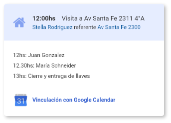 Imagen de detalle de un evento agendado y botón para vincularlo con Google Calendar