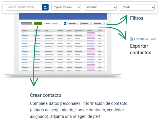 Imagen de pantalla de Adinco CRM con detalle de la herramienta de gestión de contactos y sus opciones