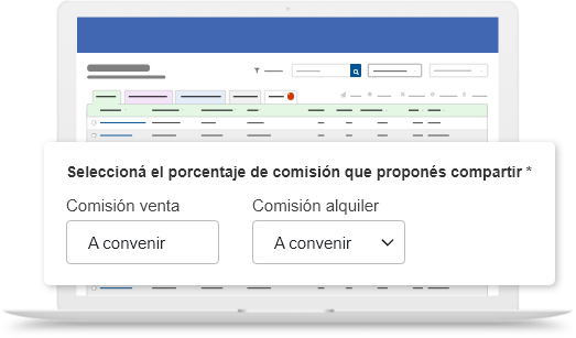 Imagen de una computadora con detalle de la pantalla de Adinco CRM donde podrás calcular el porcentaje de comisión que quieras compartir con las inmobiliarias de tu red