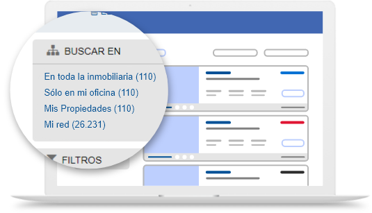Imagen de una computadora con detalle de la herramienta de filtro y búsqueda de tu red de inmobiliarias