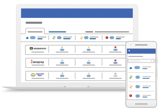 Imagen de pantalla de Adinco CRM que detalla el estado de todos los inmuebles publicados en los distintos portales