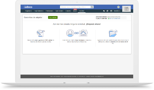 Imagen de una computadora con la sección de Adinco CRM donde podrás gestionar las garantías de alquiler que ofrece tu inmobiliaria