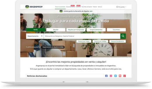 Imagen de una computadora donde se ve el home de Argenprop.com