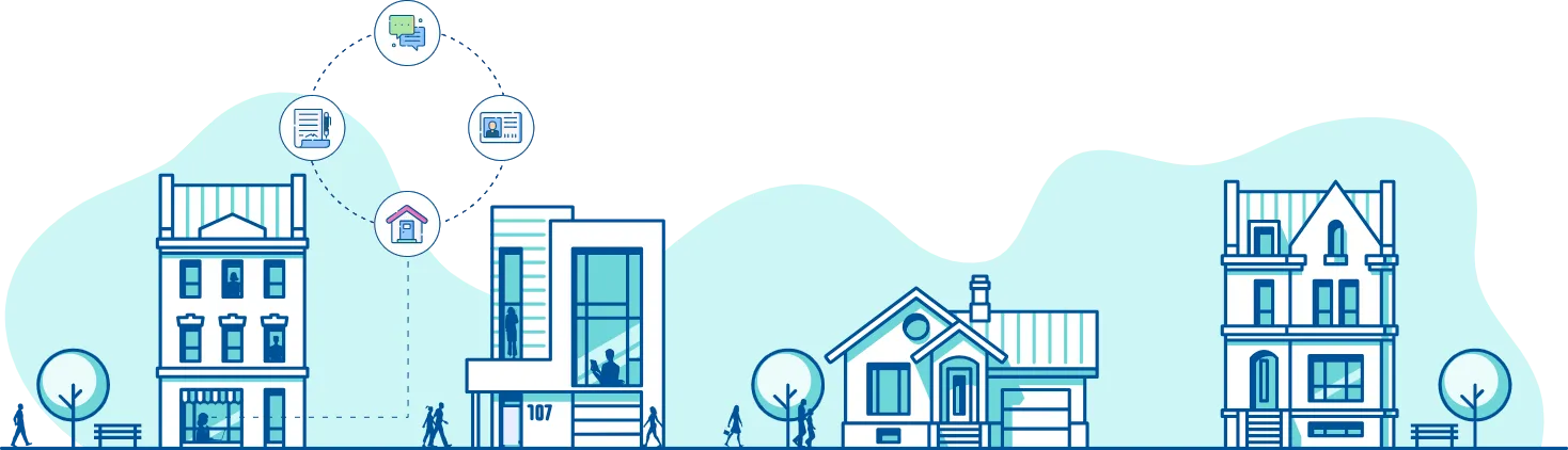 Imagen de fondo ilustrada de una calle con casas y edificios